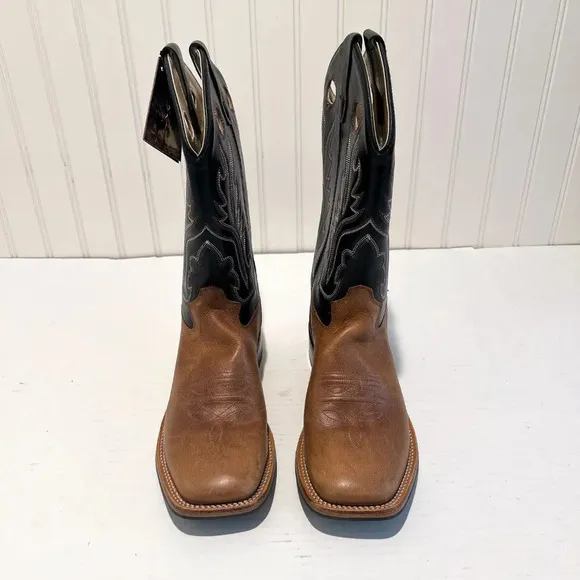 Old West Square Toe Contrast Stitched Leather Western Pull On Cowboy Boots 7