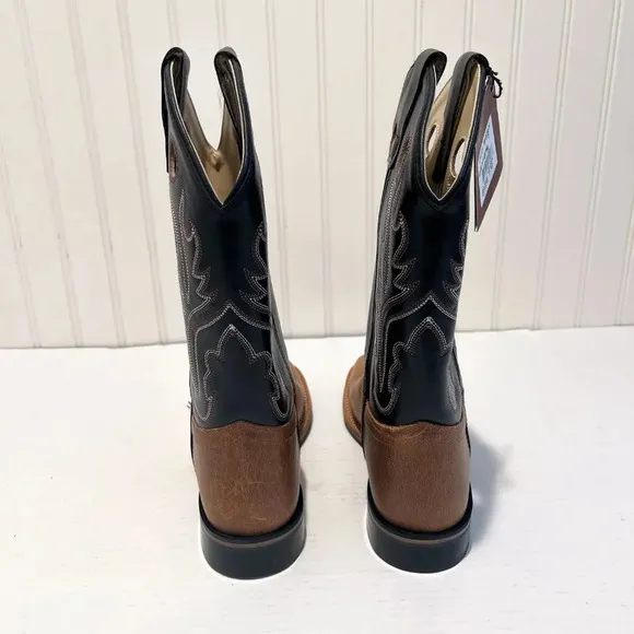 Old West Square Toe Contrast Stitched Leather Western Pull On Cowboy Boots 7