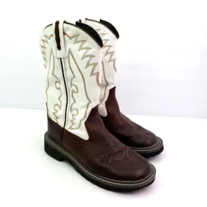Old West Youth Boys Size 6Y White Brown Leather Pull On Western Cowboy Boots