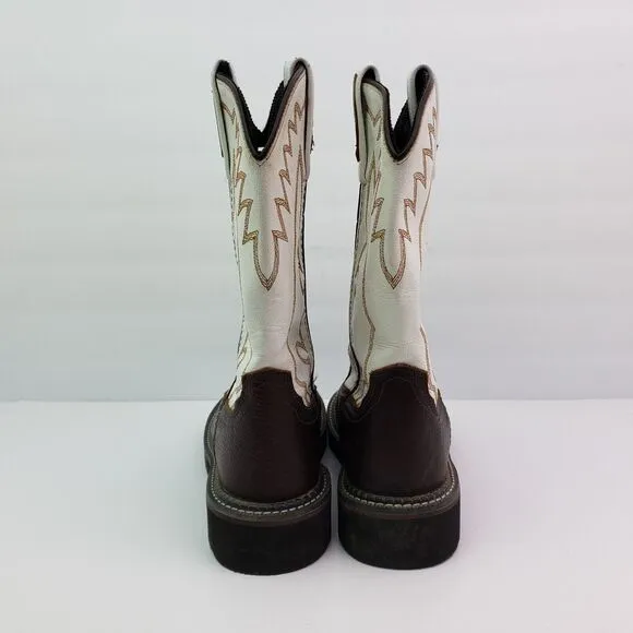 Old West Youth Boys Size 6Y White Brown Leather Pull On Western Cowboy Boots