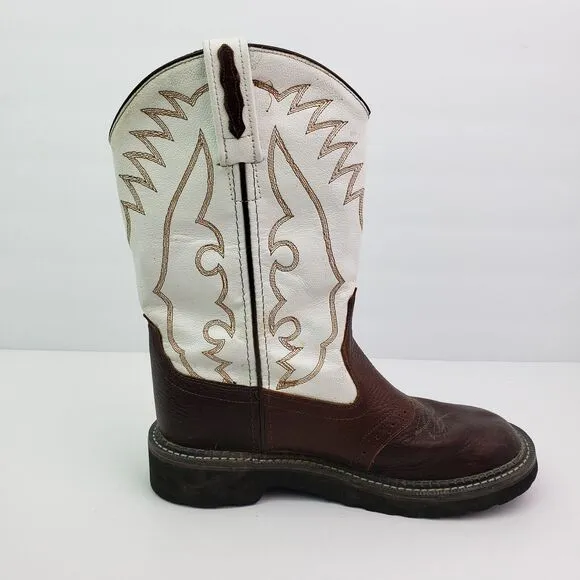 Old West Youth Boys Size 6Y White Brown Leather Pull On Western Cowboy Boots