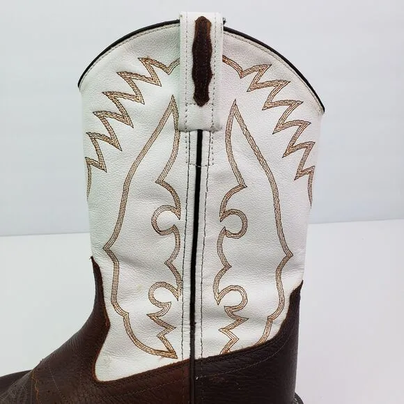Old West Youth Boys Size 6Y White Brown Leather Pull On Western Cowboy Boots