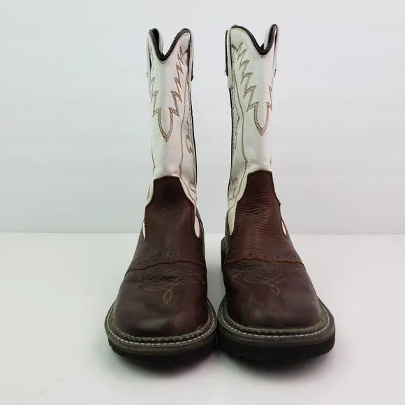Old West Youth Boys Size 6Y White Brown Leather Pull On Western Cowboy Boots