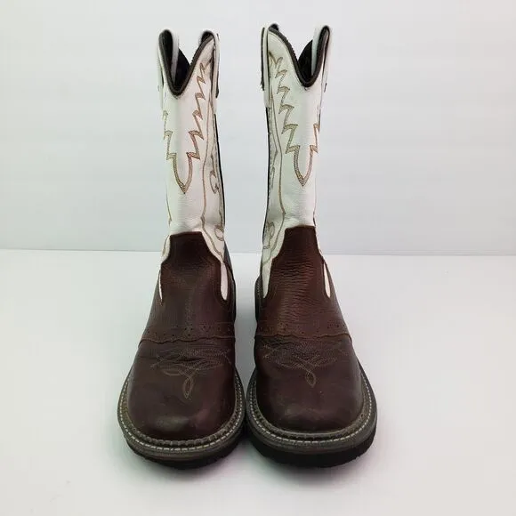 Old West Youth Boys Size 6Y White Brown Leather Pull On Western Cowboy Boots