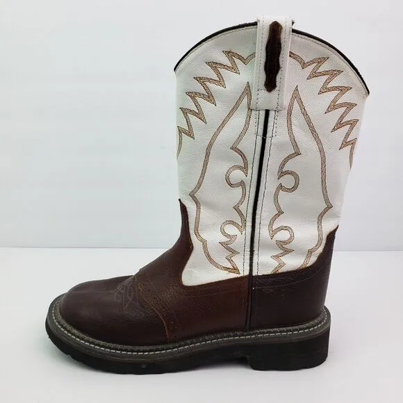 Old West Youth Boys Size 6Y White Brown Leather Pull On Western Cowboy Boots