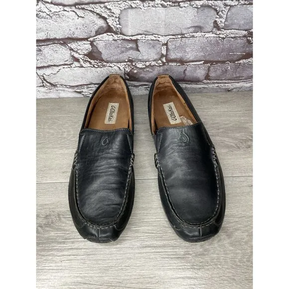 Olukai Akepa Moc Slip On Loafers Men's size 10.5 Black Leather