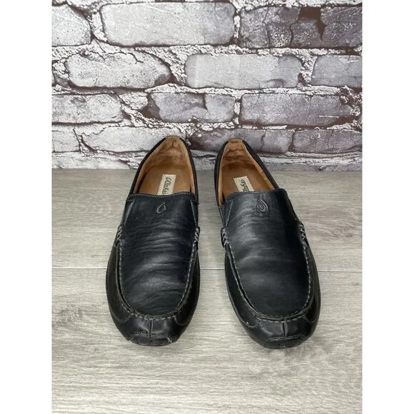 Olukai Akepa Moc Slip On Loafers Men's size 10.5 Black Leather