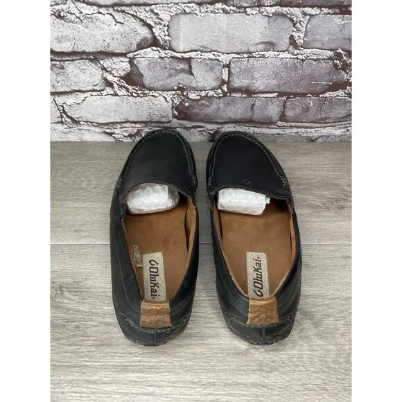 Olukai Akepa Moc Slip On Loafers Men's size 10.5 Black Leather