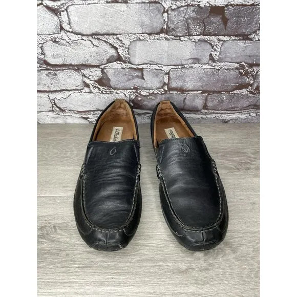 Olukai Akepa Moc Slip On Loafers Men's size 10.5 Black Leather