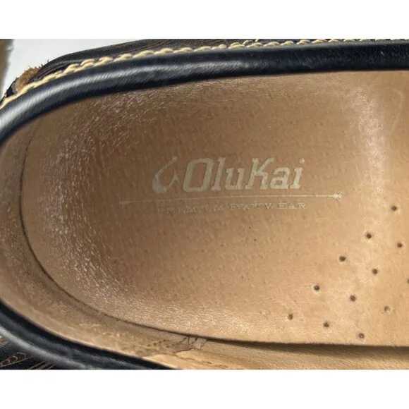OluKai Lokahi Black Leather Slip on Moccasin Loafers Men’s Size 10 EUR 44 EUC