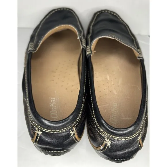 OluKai Lokahi Black Leather Slip on Moccasin Loafers Men’s Size 10 EUR 44 EUC