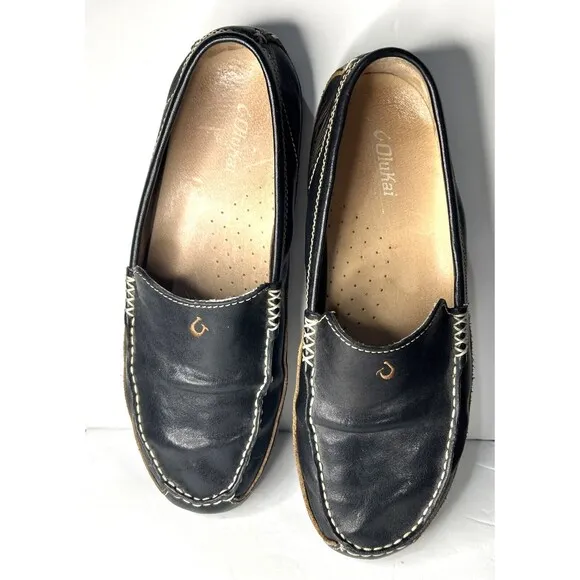 OluKai Lokahi Black Leather Slip on Moccasin Loafers Men’s Size 10 EUR 44 EUC