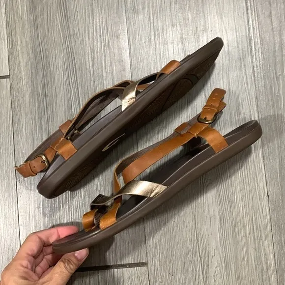 Olukai Upena Brown Leather &amp; Gold Adjustable Strap Sandals size 10