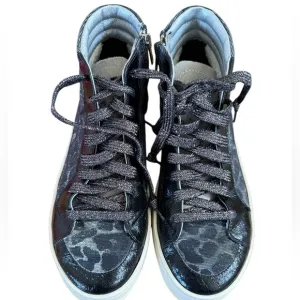 P448 SKATE HIGH TOP LEOPARD PRINT TEXTILE / LEATHER SNEAKERS SIZE 38 IN BLACK