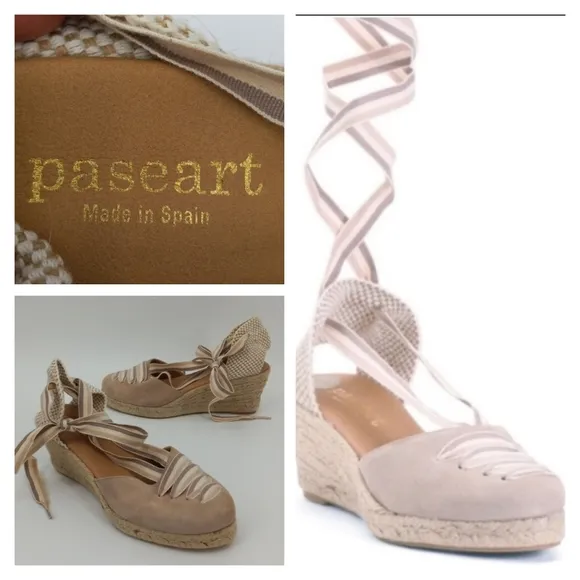 Paseart Espadrille Wedge Sandals Boho Suede Wraparound Ankle Lace Tie Size 40