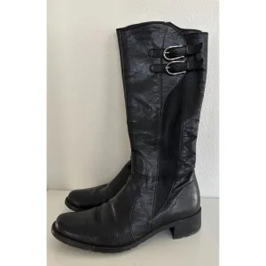 Paul Green Buckled Riding Boots Black Leather Elastic Pull On Zipper Women's 5.5