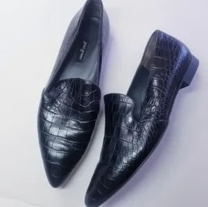 Paul Green | Crocodile Embossed Pointed Toe Loafers. Black 7