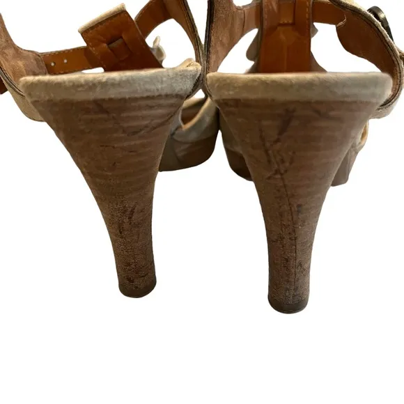 Paul Green Lava T-strap Taupe Suede Ruffle Platform Heels Sandals