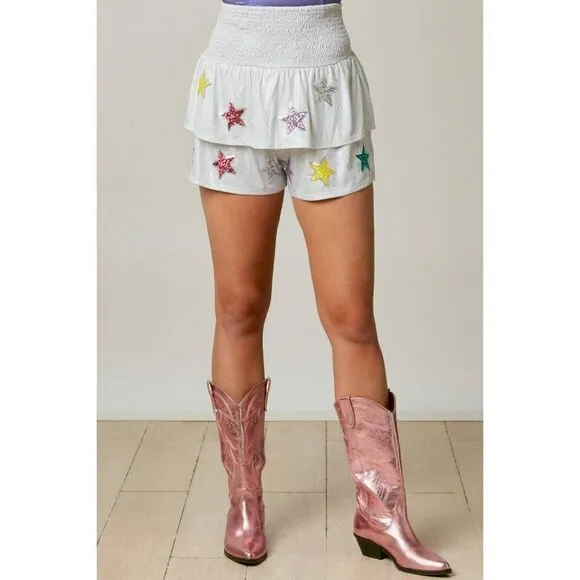 Peach Love All the Stars R Closer Layered Sequin Star Shorts Silver IKP54111-01