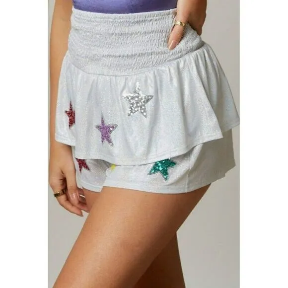 Peach Love All the Stars R Closer Layered Sequin Star Shorts Silver IKP54111-01