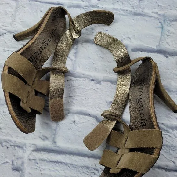Pedro Garcia Olive Green Suede T-Strap Heeled Sandals