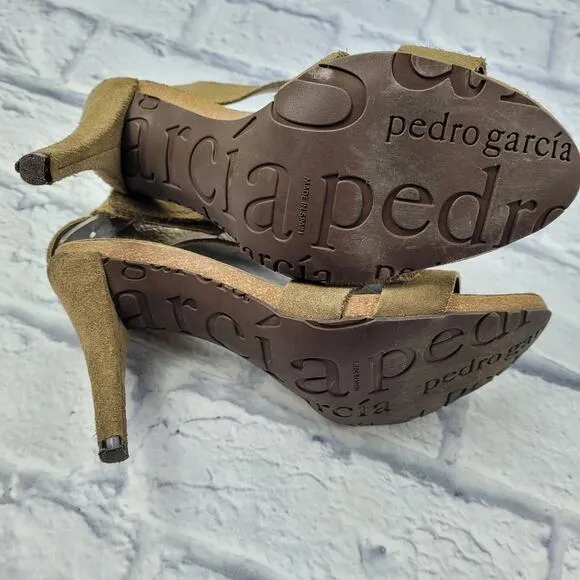 Pedro Garcia Olive Green Suede T-Strap Heeled Sandals