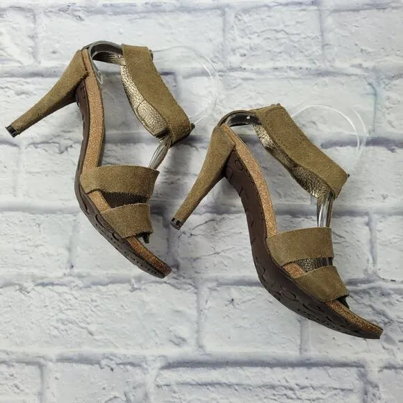 Pedro Garcia Olive Green Suede T-Strap Heeled Sandals