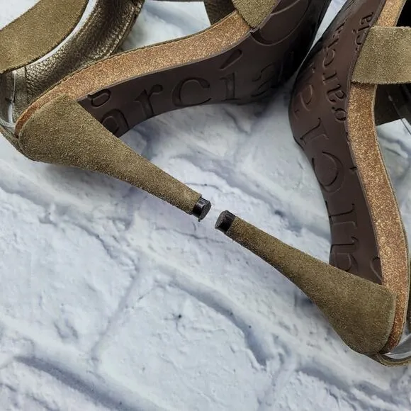 Pedro Garcia Olive Green Suede T-Strap Heeled Sandals