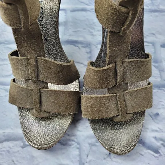 Pedro Garcia Olive Green Suede T-Strap Heeled Sandals