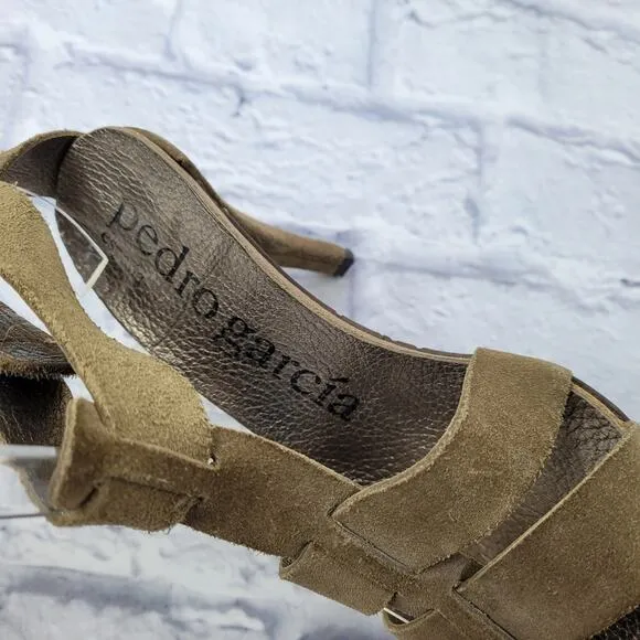 Pedro Garcia Olive Green Suede T-Strap Heeled Sandals