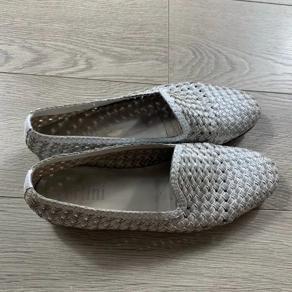 Pertini White Silver Leather Woven Loafer Flats