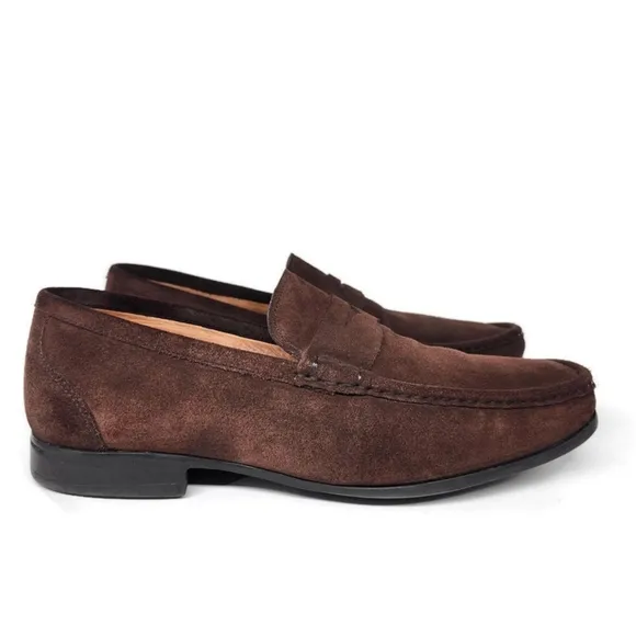 Peter Millar Handstitched Dark Brown Suede Round Moc-Toe Penny Loafers