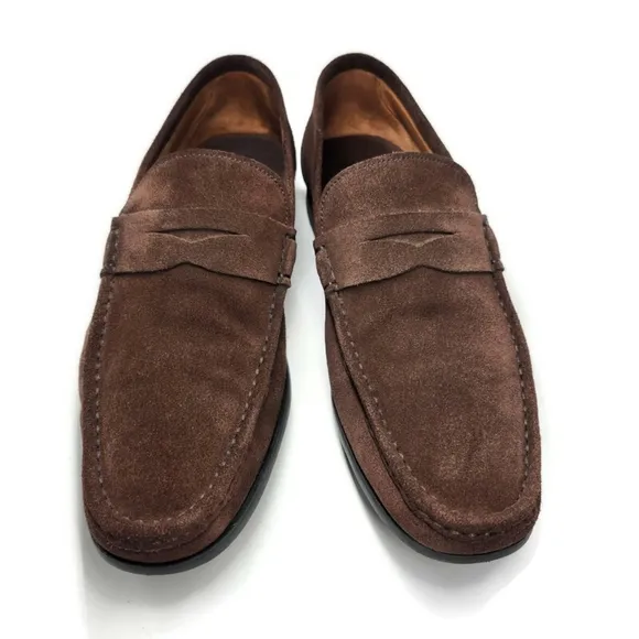 Peter Millar Handstitched Dark Brown Suede Round Moc-Toe Penny Loafers