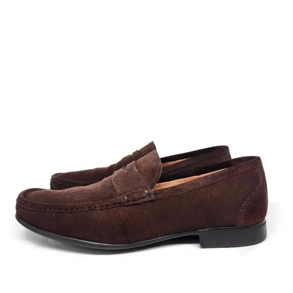 Peter Millar Handstitched Dark Brown Suede Round Moc-Toe Penny Loafers