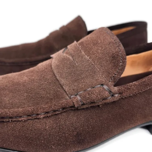 Peter Millar Handstitched Dark Brown Suede Round Moc-Toe Penny Loafers