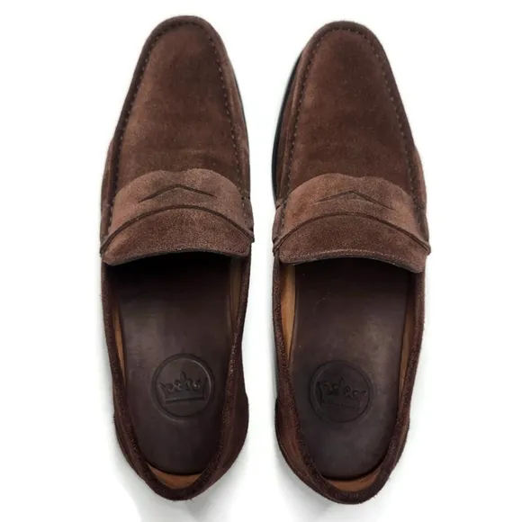 Peter Millar Handstitched Dark Brown Suede Round Moc-Toe Penny Loafers
