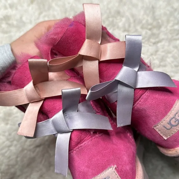 Pink Purple Ugg Bailey Bow Boots Kids Girly Fuzzy Used
