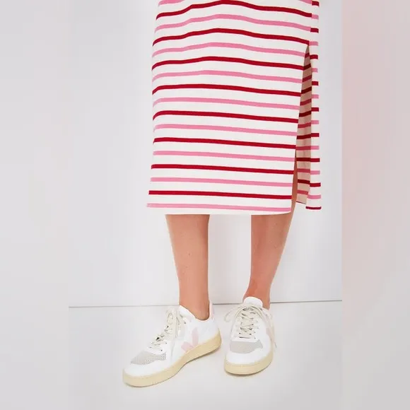 Pomander Place Gio Stripe Short Sleeve Long Maxi Dress Red Pink Small S