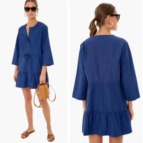 Pomander Place Tuckernuck Women's Navy Blue Lucy Mini Dress Tiered Tie Waist L