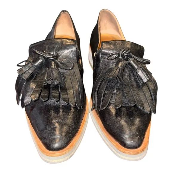 Pomme D'or Black Leather Color Block Wedge Italian loafer Size 38.5 SH