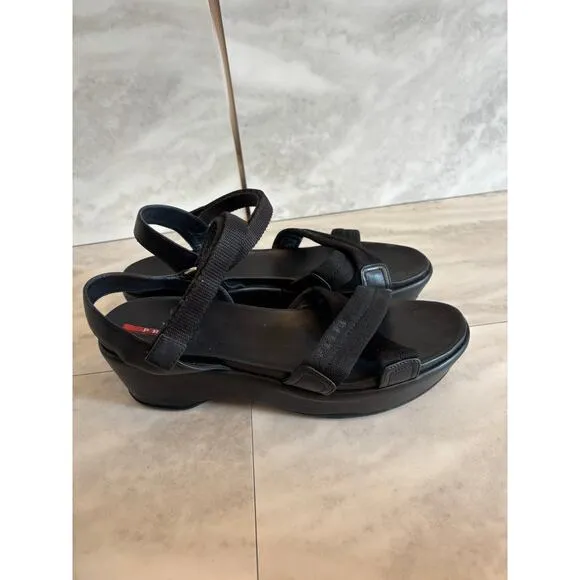 Prada Black Criss Cross Ankle Strap Platform Leather Nylon Sandals Size 41
