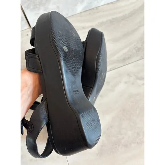 Prada Black Criss Cross Ankle Strap Platform Leather Nylon Sandals Size 41