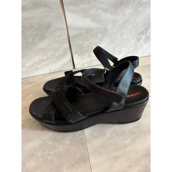 Prada Black Criss Cross Ankle Strap Platform Leather Nylon Sandals Size 41