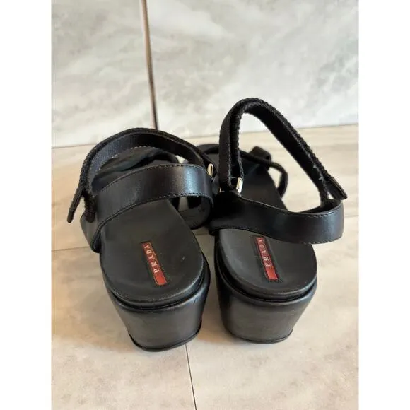 Prada Black Criss Cross Ankle Strap Platform Leather Nylon Sandals Size 41