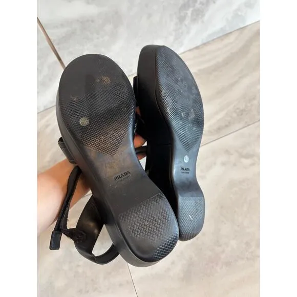 Prada Black Criss Cross Ankle Strap Platform Leather Nylon Sandals Size 41