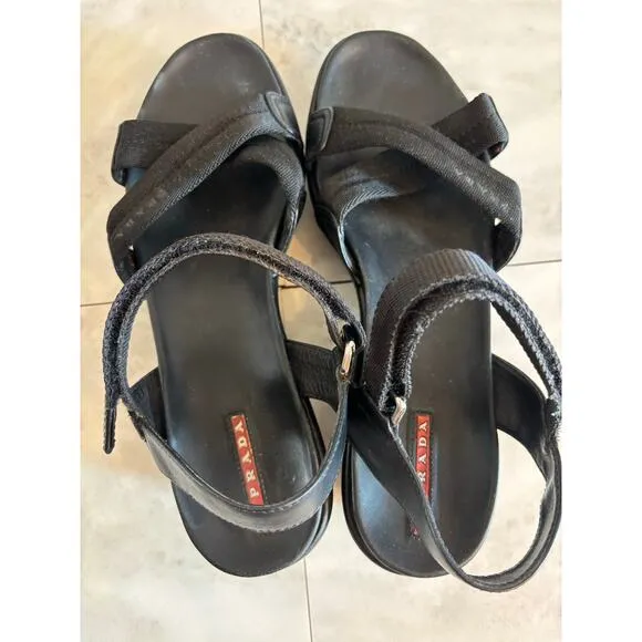 Prada Black Criss Cross Ankle Strap Platform Leather Nylon Sandals Size 41