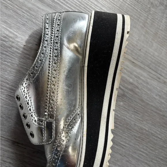 Prada Silver Sneakers with Platform Sole and Brogue Detailing