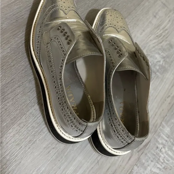 Prada Silver Sneakers with Platform Sole and Brogue Detailing