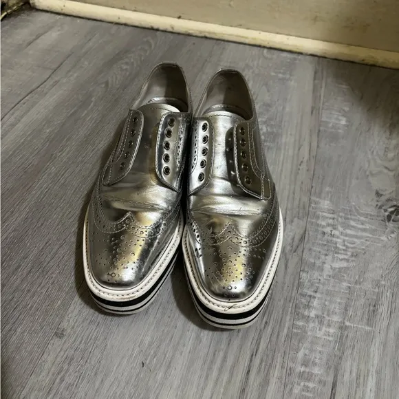 Prada Silver Sneakers with Platform Sole and Brogue Detailing
