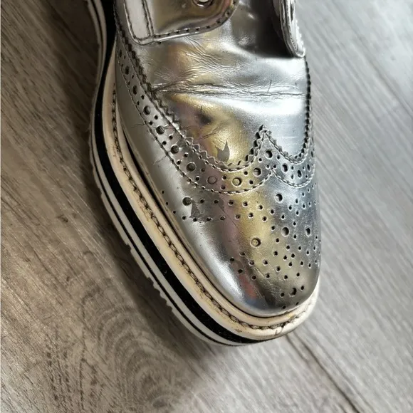 Prada Silver Sneakers with Platform Sole and Brogue Detailing